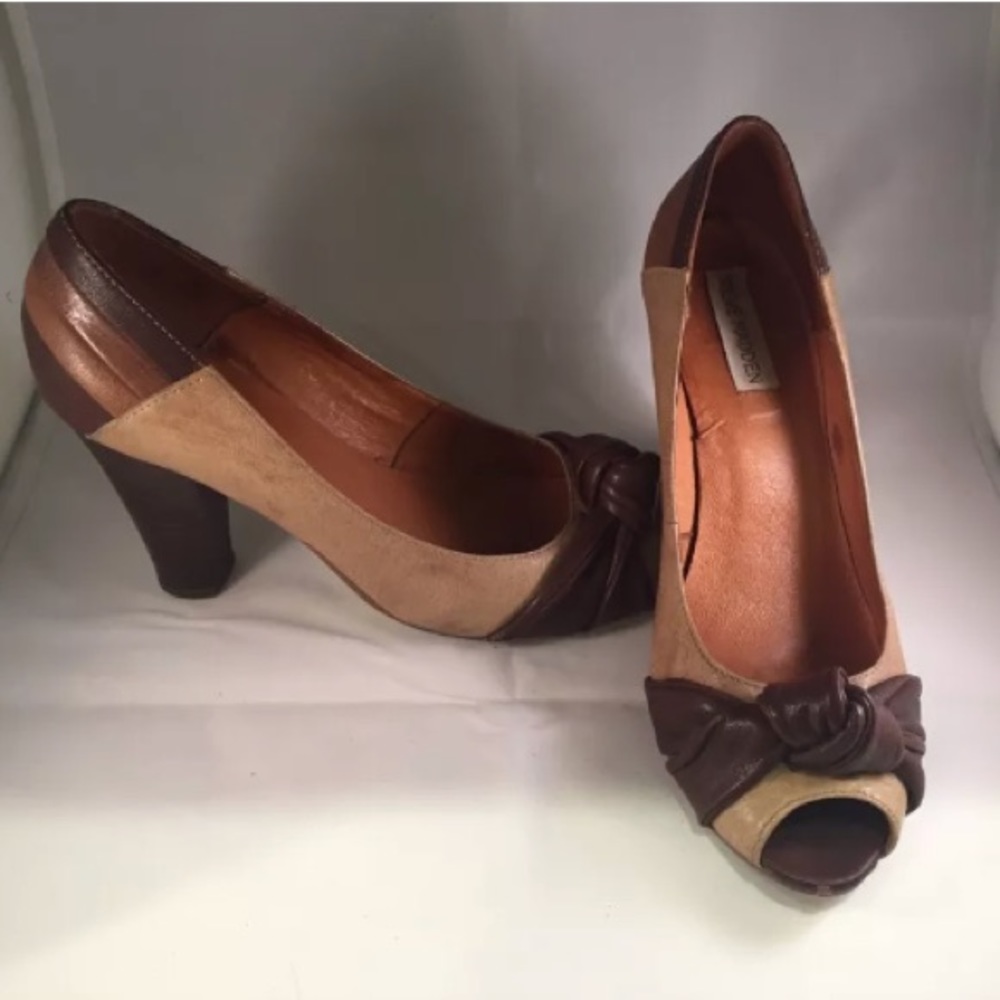 Steve Madden Brown Peep Toe Shoes Leather, Knot Detail, Wood Heel - Women Size 8